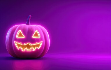 A glowing pumpkin with a scary face is on a purple background