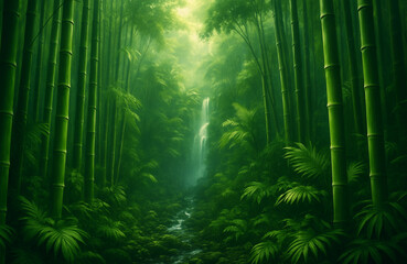 Surreal Bamboo Forest with Hidden Waterfall