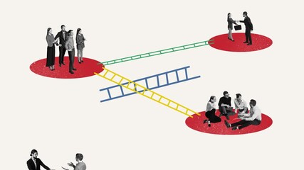Animated ad of business teams on red platforms connected by ladders. Concept of hybrid work structure, onboarding, B2B SaaS, CRM collaboration, and internal communication.