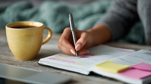 Close up of a hand writing in a planner next to a coffee cup and laptop symbolizing productivity and organization - Powered by Adobe