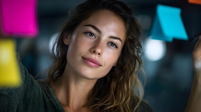 A focused woman brainstorms ideas by placing colorful sticky notes on a glass wall in a modern office
