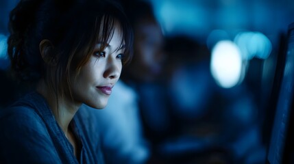 Focused Asian woman working late at night on a computer in a dimly lit modern office with colleagues in the background