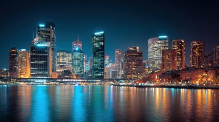 Obraz premium Modern City Skyline Reflected on Water at Night