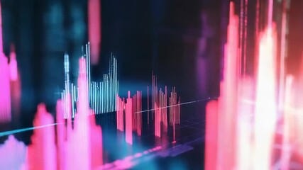 Digital information processing creating colorful bar graph visualization with programming code background - Powered by Adobe