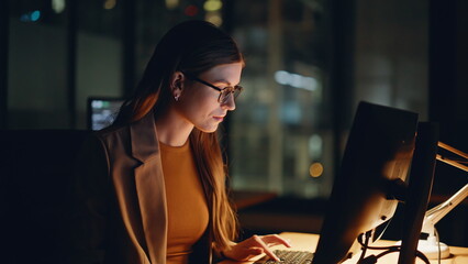 Stock market specialist working computer analyzing diagrams night room closeup