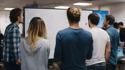 A team collaborates around a whiteboard discussing project strategy in a modern office meeting