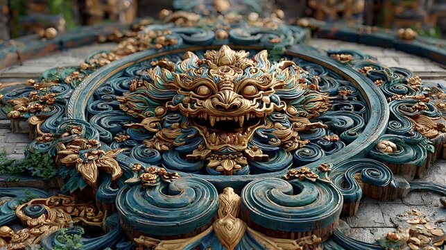Blue energy glyphs emerging from bronze stone texture in geometric symmetry