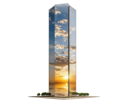 Tall glass skyscraper reflecting vibrant sunset sky and clouds, modern architecture with mirrored facade, urban landscape, tranquil atmosphere, surrounded by green trees