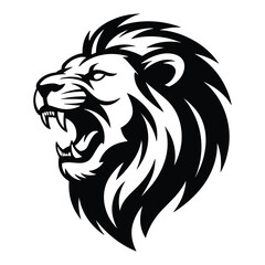 Fototapeta premium Fierce black and white lion head roaring with majestic mane