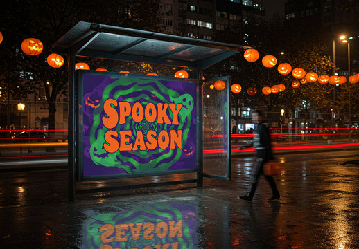 Halloween Bus Stop Billboard Mockup