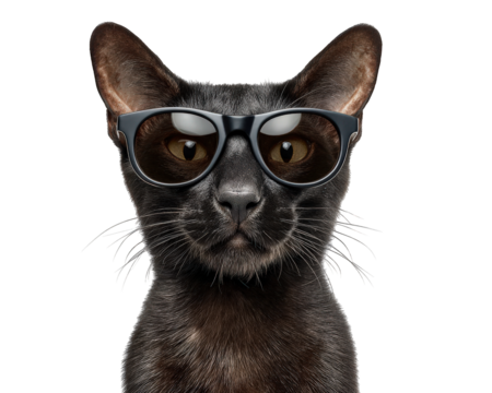 Black cat head with dark sunglasses cool pet animal stylish isolated on transparency background confident expression modern trendy fun unique playful