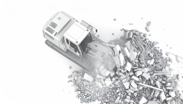 Excavator demolishing debris, symbolizing construction site transformation and renovation project