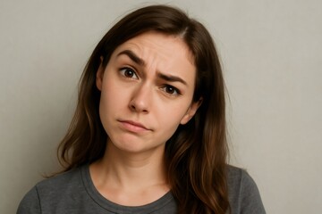 Portrait of a young woman with long brown hair raising her eyebrows and making a curious and perplexed expression
