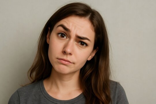 Portrait of a young woman with long brown hair raising her eyebrows and making a curious and perplexed expression