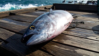 Fresh tuna on a wooden deck of a fishing boat