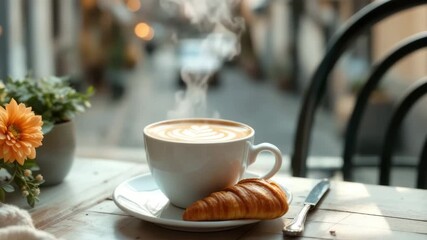 Steaming cup of coffee with latte art and fresh croissant on white saucer. Morning breakfast at a cafe with flowers for cozy footage.