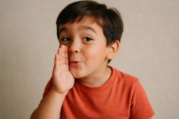 Preschool child whispering gossip, telling secrets or sharing confidential information with hand cupped around mouth in studio with neutral background