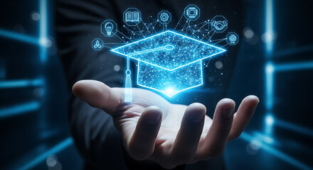 Grasping digital education innovation and future learning opportunities with bright glowing icons