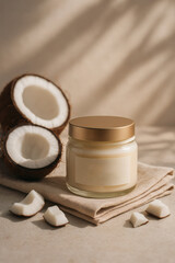 Coconut Body Butter Jar with Golden Lid and Natural Props