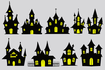 不気味な洋館のベクター素材 黒のシルエットデザインセット
