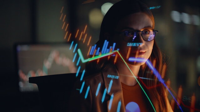 Evening professional trading currencies closeup. Trends mirrored in spectacles