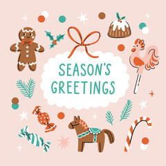 Naklejka premium Merry Christmas and Happy new year greeting card with christmas tree branches, sweets, bow and text - season's greetings. Festive artistic templates. Vector coquette illustration.
