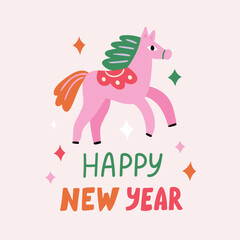 Vector illustration with hourse and lettering - Happy new year. Symbol of New year 2026 print design, greeting card or interior poster