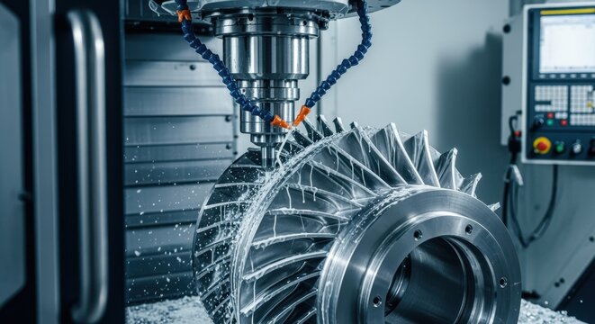 Machining center in action creating a hydro turbine runner blade from a solid metal block.