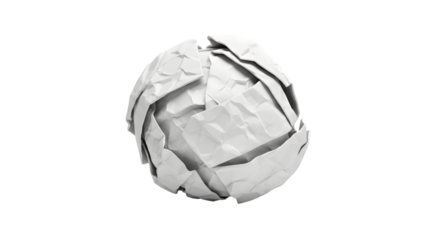Crumpled Ball of White Paper, Symbolizing Mistakes, Ideas, Rejection, and Waste on a White Background.

