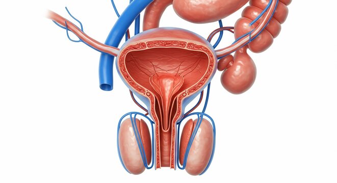 Human male urinary system cross section, anatomical bladder and prostate gland illustration, medical diagram of reproductive organs and urethra