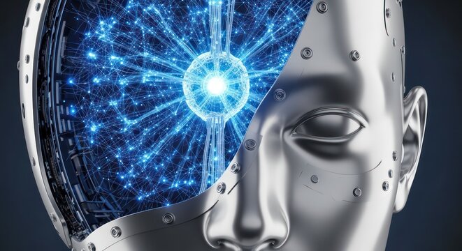Futuristic robot face with glowing blue circuitry and digital brain activity. - Powered by Adobe