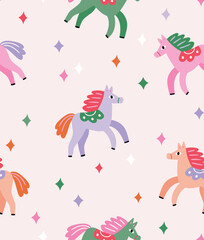 Vector  merry christmas seamless pattern with hourses and colorful stars. Happy new year repeat fabric design or wrapping paper. Symbol of New year 2026 print design 