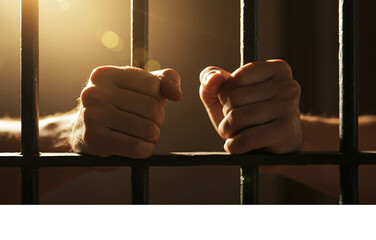 A close-up of a prisoner's hands gripping the cold steel bars of a jail cell, a powerful concept of lost freedom and justice