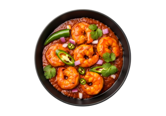 A high-angle, close-up view of a dark bowl filled with cooked shrimp in a vibrant, spicy, red-orange curry sauce, garnished with fresh cilantro and sliced green chilies.