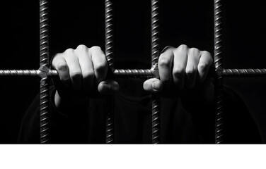A monochrome depiction of despair as anonymous hands clutch cold steel prison bars, symbolizing a profound loss of freedom and hope