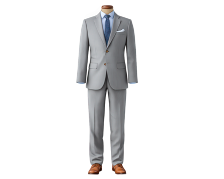 Gray striped suit on mannequin business attire with blue tie white shirt pocket square brown leather shoes formal style professional elegant confident look