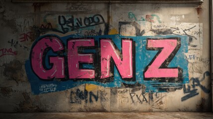 A vibrant graffiti mural featuring the text "GEN Z" in bold pink and blue colors against a textured wall, showcasing urban art and youth culture.