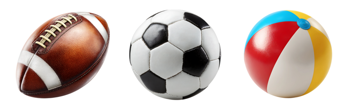 Three different sport balls rugby football soccer beach ball isolated on a white or transparent background
