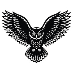 Stylized Black and White Illustration of a Majestic Owl in Flight with Spread Wings