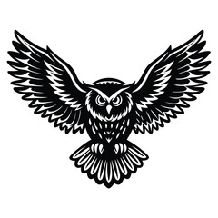 Majestic Owl in Flight Black and White Vector Graphic Design Bird of Prey Illustration