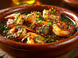 Gambas al Ajillo: Spanish Garlic Shrimp Tapas in Clay Dish with Olive Oil, Parsley, and Chili