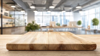 Naklejka premium Empty Wooden Table Top in Modern Office or Cafe Setting.