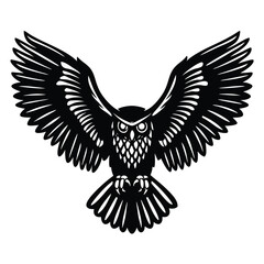 Striking Owl Design Majestic Wings and Sharp Gaze Depicted in Detailed Black and White Vector Art
