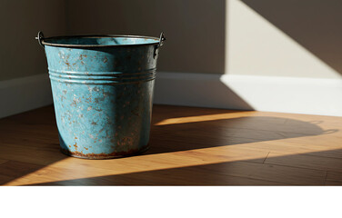 Morning sunlight streams across a hardwood floor, illuminating a vintage blue metal bucket in a quiet, nostalgic corner