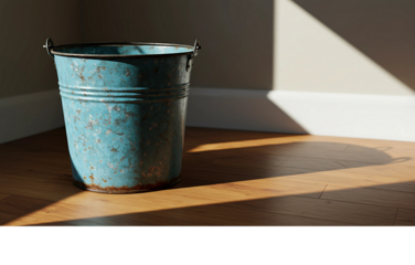 Morning sunlight streams across a hardwood floor, illuminating a vintage blue metal bucket in a quiet, nostalgic corner