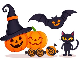 Cute halloween characters including pumpkins witch hat bat and black cat
