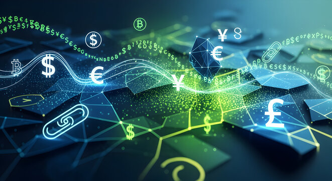 Global Digital Finance Network: Futuristic Interconnected Currency Symbols and Blockchain Technology