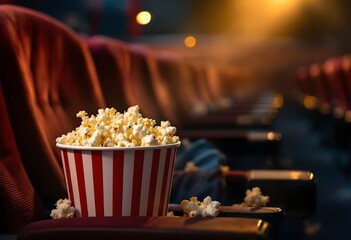 Fresh popcorn bucket placed on theater seat symbolizing movie entertainment cinema culture and leisure.