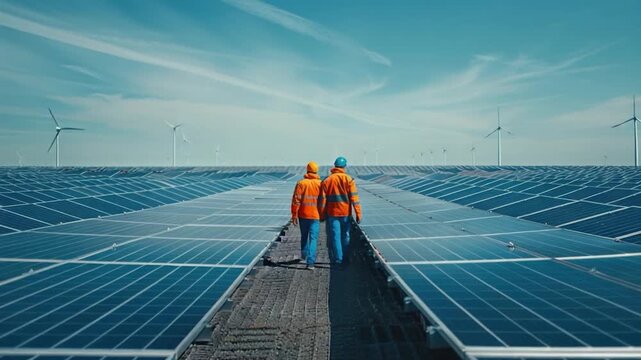A person standing in front of a row of solar panels, wearing an orange jacket and blue hat