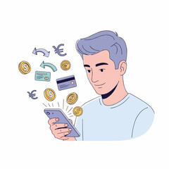 Person Using Smartphone for Online Payment with Currency Icons